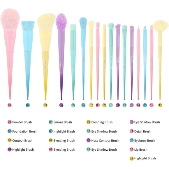 Docolor Makeup Brushes 17 Pcs Colourful Rainbow Synthetic Make Up Brush Set - Picture 6 of 15